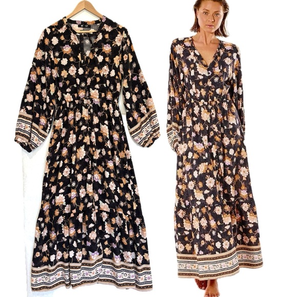 Ripcurl Surf Gypsy Maxi Dress Size Small Floral Stripe Long Sleeve Button Down - Picture 1 of 16